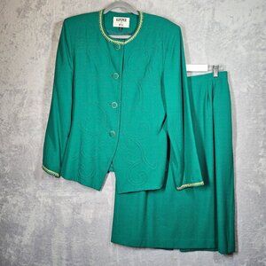 Kasper Womens Green Embroidered Blazer Skirt Suit Set Size 14 career formal